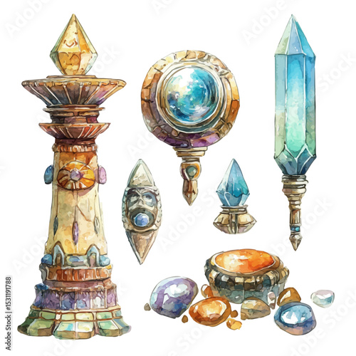 Otherworldly Artifacts, watercolor vector, isolated on a white background.