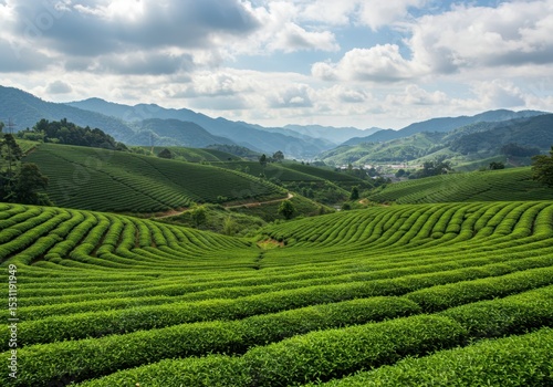 Green tea plantation on rolling hills with mountains under a cloudy sky