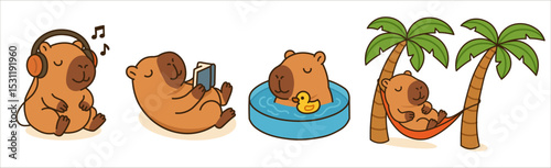 Cute capybara doing relaxing activities: listening to music, reading, bathing, and resting in a hammock under palm trees. Adorable cartoon animal lifestyle set.