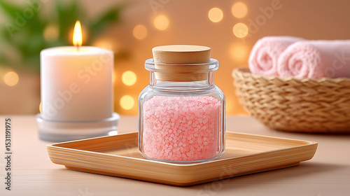 A glass jar ,for a body pink salt scrub or bath. The pink salt flakes are clearly visible, light wooden rectangular tray, a lit white pillar candle in a glass holder glows warmly. 