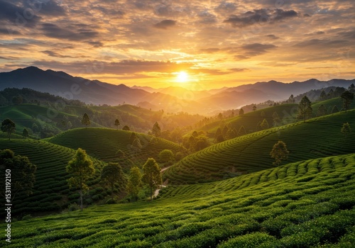 Tea plantation landscape at sunrise with rolling hills and mountain backdrop