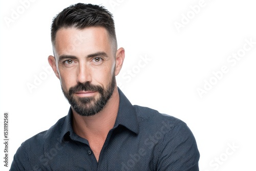 Confident man portrait.  Serious expression, stylish shirt. Ideal for business, website, or advertising. photo