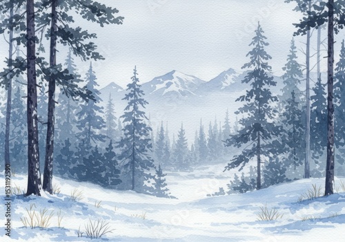 Snowy forest landscape with mountains in the distance, painted in cool blue tones