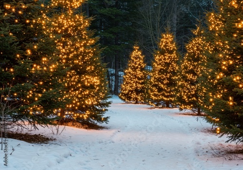 Illuminated christmas trees line a snowy path through a dark forest during winter