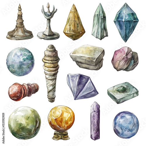Otherworldly Artifacts, watercolor clipart vector, isolated on a white background.