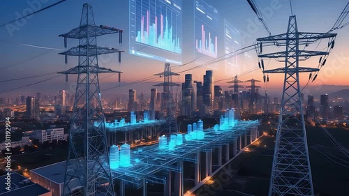 Futuristic city skyline with glowing power lines and digital graphs above modern skyscrapers at sunset showcasing advanced energy technology