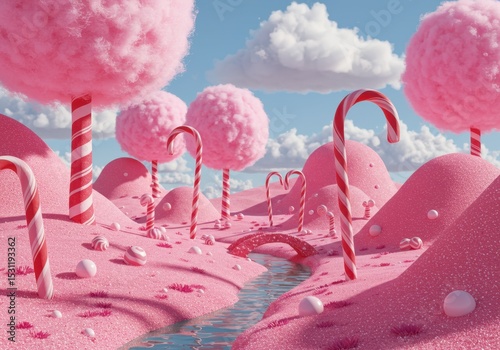Candy cane landscape with lollipop trees and pink hills under a cloudy sky