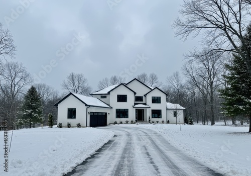 Modern home exterior with snow covered driveway in winter