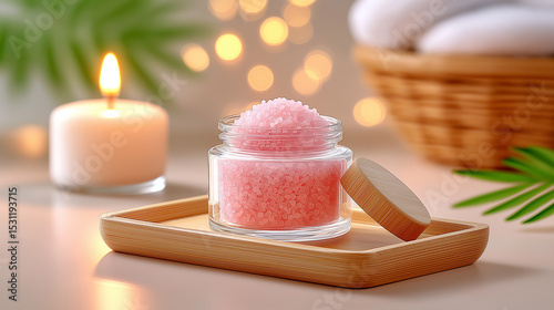 A glass jar ,for a body pink salt scrub or bath. The pink salt flakes are clearly visible, light wooden rectangular tray, a lit white pillar candle in a glass holder glows warmly. 