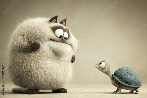 Siamese cartoon cat encounters curious turtle in whimsical scene, funny friends on neutral background
