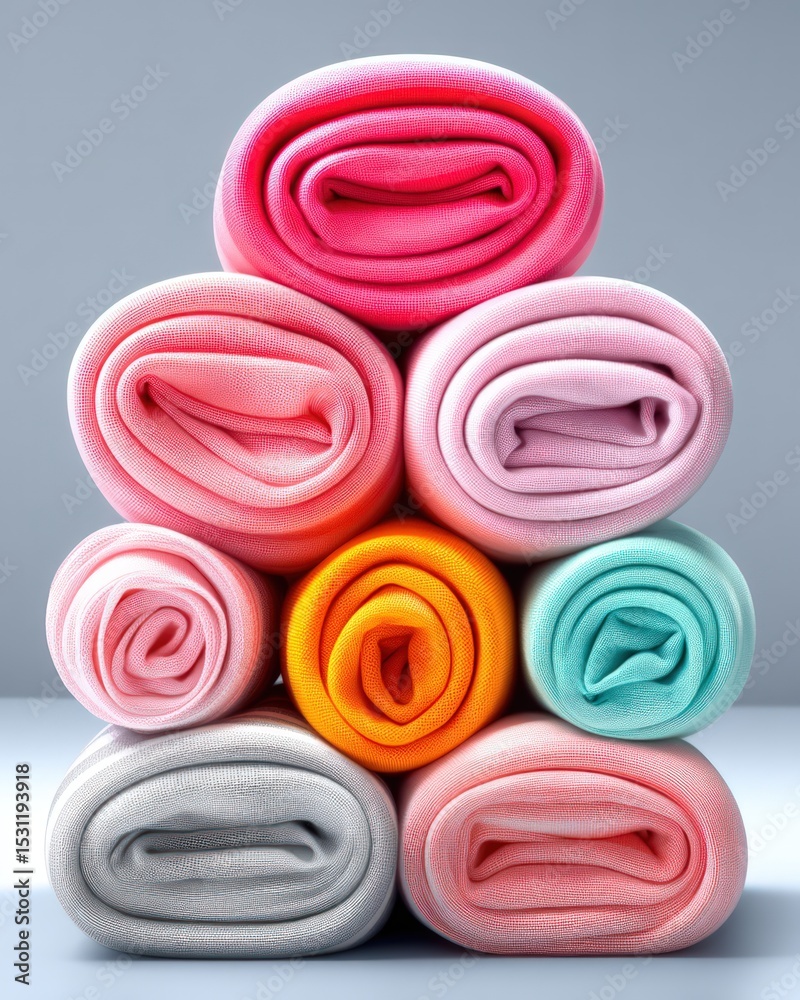 Rolled Pastel Fabrics Stacked on Grey Background Rolled Pastel Fabrics Stacked on Grey Background