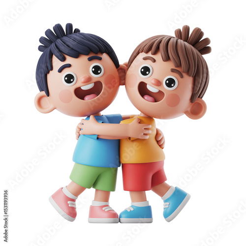 Happy two friends are together, smiling with joy and love. Happy Friendship Day. Happy mother and children are together, smiling with joy and love