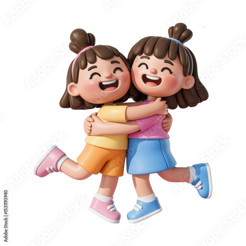 Happy two friends are together, smiling with joy and love. Happy Friendship Day. Happy mother and children are together, smiling with joy and love