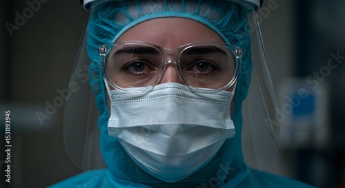 A Guardian's Gaze: A medical professional in protective gear conveys determination amidst a crisis, representing health and safety. The eyes reveal resolve and care.