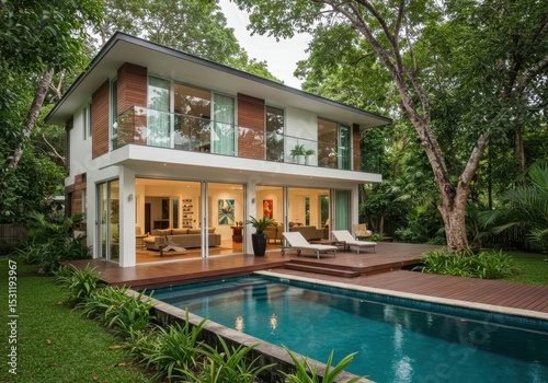 Modern house with swimming pool and deck surrounded by lush greenery