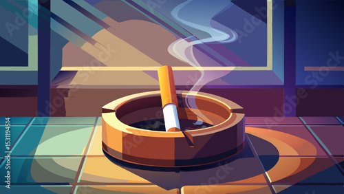 A single cigarette rests in a ceramic ashtray with smoke rising gently, positioned in a softly lit room providing a serene and introspective atmosphere 