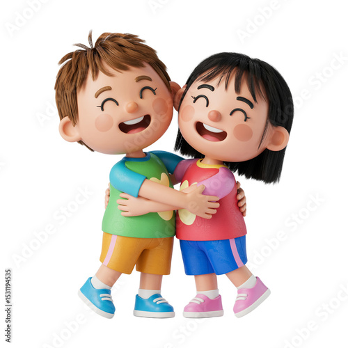 Happy two friends are together, smiling with joy and love. Happy Friendship Day. Happy mother and children are together, smiling with joy and love