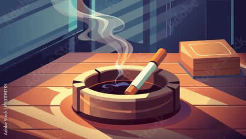 A single cigarette rests in a ceramic ashtray with smoke rising gently, positioned in a softly lit room providing a serene and introspective atmosphere 