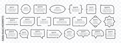 Quote text in speech bubble.Quote box frame, big set.Texting quote boxes. Quote text in speech bubble. Quotation, comment, dialog with frame. Speech bubble in shapes with title,vector illustration.
