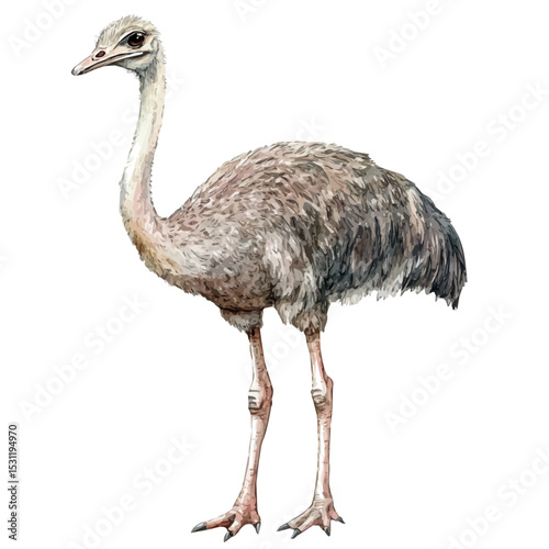 Ostrich, watercolor clipart vector, isolated on a white background.