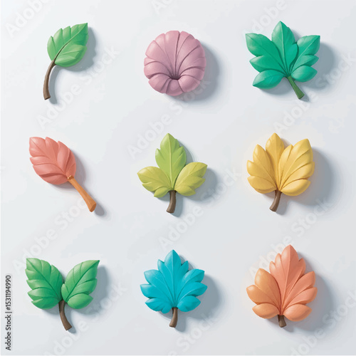 3D Cartoon Leaf Icon Set - Colorful Autumn & Green Leaves in Clay Style