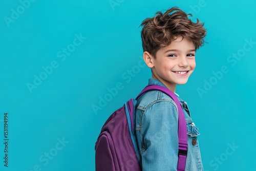 Young boy wearing a denim jacket and purple backpack.