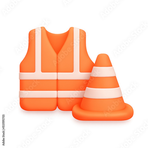 Safety first: An orange safety vest and traffic cone stand side by side, ready for work, emphasizing safety and precaution.