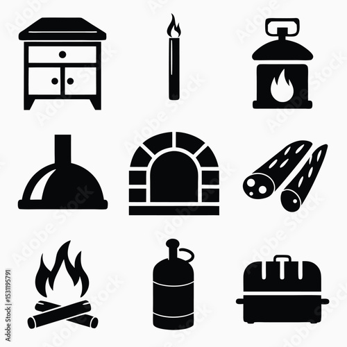 Collection of black icons depicting various fire and heat sources isolated on white background