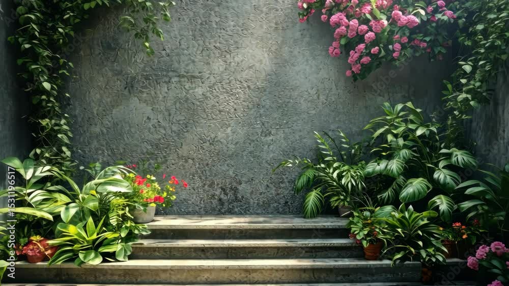 Sunlit stone steps, lush greenery, and a textured wall create a serene, garden setting