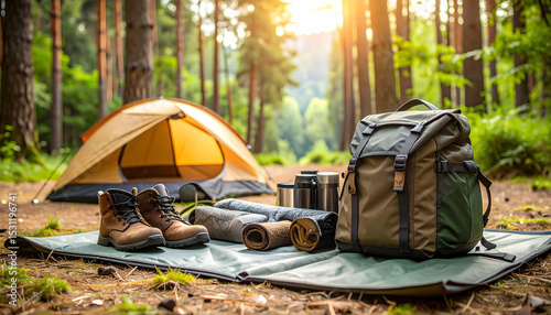 Camping Gear in a Sunny Forest Setting