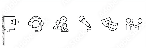 Audio storytelling headset dialogue microphone theatre drama conversation audiobook performance discussion speaker mask talk icon vector illustration.