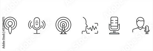 Podcast microphone audio broadcast voice wave signal studio host speak communication network icon vector illustration for digital platform.