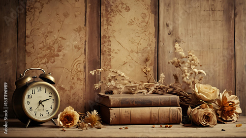 Rustic wooden surface, old paper textures, antique objects like dried flowers, lace, analog clocks, and vintage books arranged in soft natural light. Warm earthy tones such as beige, sepia, and faded 