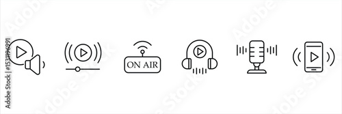 Audio stream speaker play on air podcast headphone mic broadcast icon vector illustration for media digital platform interface device.