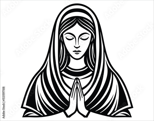 Saint Mary in Prayer Monochrome Illustration