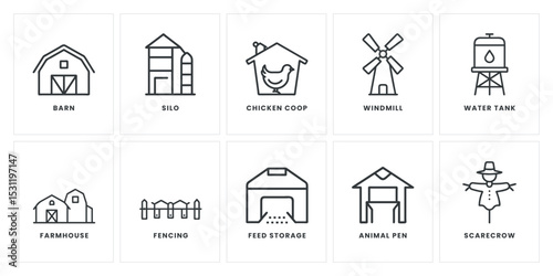 Detailed Icon Set of Essential Farm Structures and Facilities Including Barns, Silos, Chicken Coops, and Windmills for Versatile Agricultural Design and Planning Projects