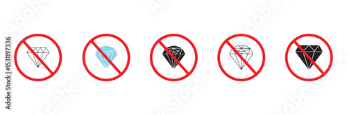 No diamond vector icon. Forbidden carat symbol. No stone gem flat sign design. Prohibited adamant vector icon. Warning, caution, attention, restriction ban pictogram. No jewerly. No VIP vector icon