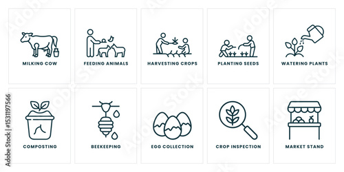 Comprehensive Icon Set of Farming Activities Featuring Milking, Beekeeping, Seed Planting, and More for Agricultural Projects