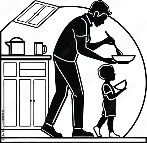 Silhouette Logo of Father and Child Cooking Together – Loving Family Design Symbolizing Bonding, Learning, and Togetherness for Parenting Brands, Culinary Classes, and Family-Oriented Services