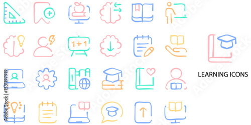 Learning simple concept 24 hand drawn color icons set .Vector illustration.