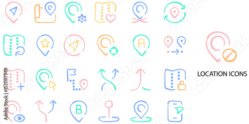 Location simple concept 24 Flat hand drawn color icons set. Vector illustration.