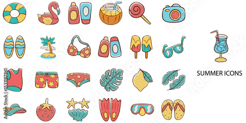 Summer simple concept 24 hand drawn color icons set .Vector illustration.