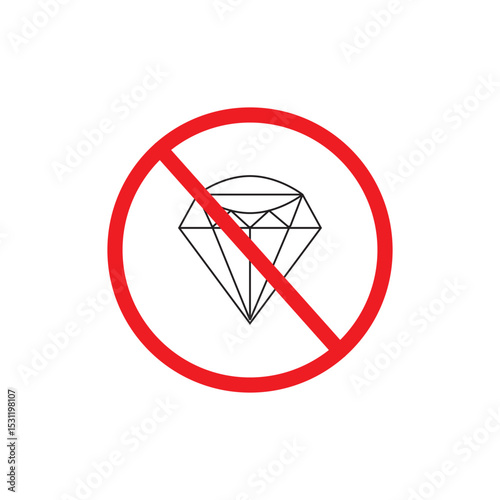 No diamond icons. Black diamonds in red prohibition circles. Quality and authenticity symbols. Vector illustration.