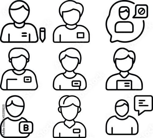 User Icons and Digital Communication: A collection of simple and versatile user icons with varying representations of avatars, speech bubbles, and communication symbols.