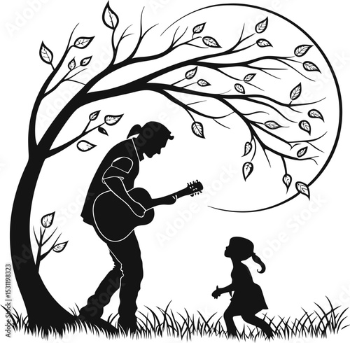Silhouette of Father Playing Guitar with Child – Loving Family Logo Design Symbolizing Bond, Music, and Togetherness for Family-Oriented Brands, Music Schools, and Parenting Services