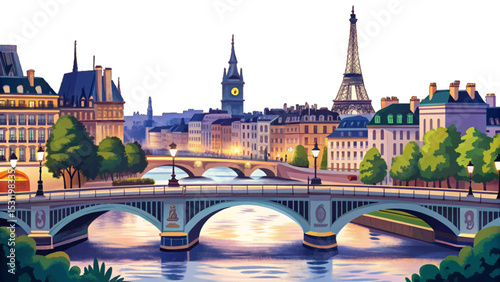Vector illustration of the Seine River in Paris with historic bridges, warm evening glow, romantic cityscape, and famous landmarks under a dreamy sky