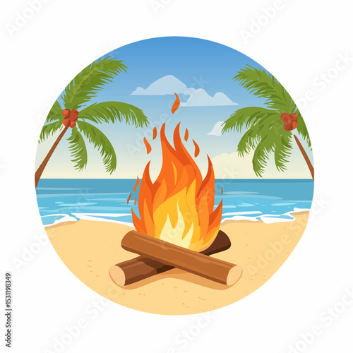 A vibrant illustration of a campfire burning on a sandy beach with palm trees.