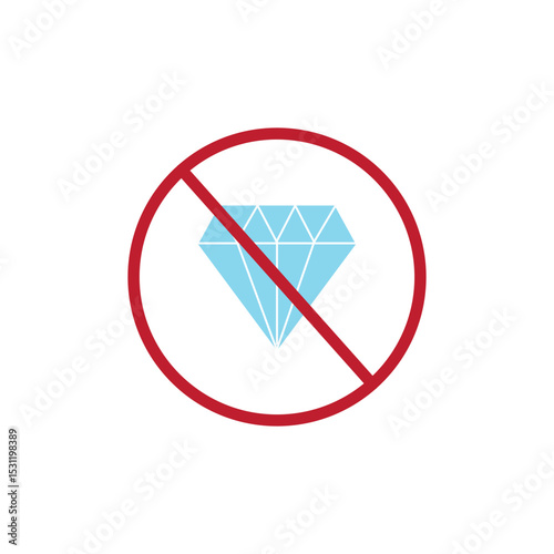 No Diamond sign icon. Jewelry symbol. Gem stone. Red prohibition sign. Stop symbol. Vector