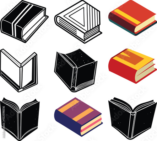 Books Illustration: A collection of various book illustrations, each offering a unique perspective. Showing open and closed books to give a collection of educational elements.