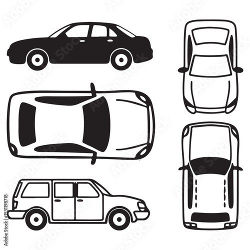 Vehicle elevation and top view vector flat illustration collection ideal for architectural design vector